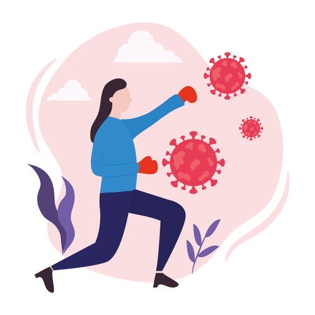 woman fighting from covid with boxing gloves over white background, colorful design, vector illustrationのイラスト素材