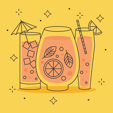 tropical cocktails over yellow background, colorful design, vector illustrationのイラスト素材