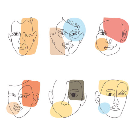 colorful hand drawn modern abstract faces collection over white background, vector illustrationのイラスト素材