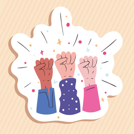 Girl power fists hands up sticker design of Woman empowerment female feminism and rights theme Vector illustrationのイラスト素材