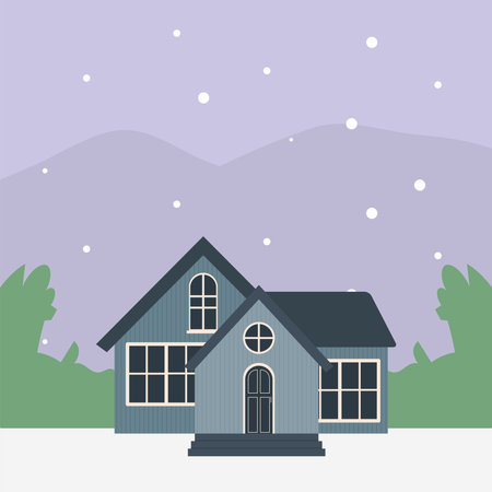 blue house at winter landscape design, Home real estate and building theme Vector illustrationのイラスト素材