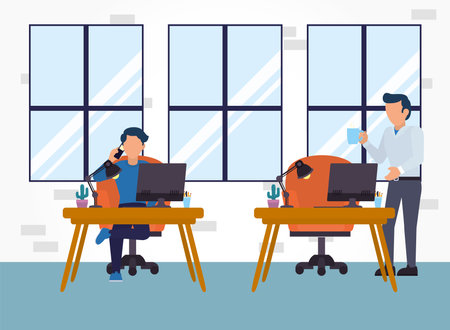 Men in office with desks and computers design, business workforce and corporate theme Vector illustrationのイラスト素材