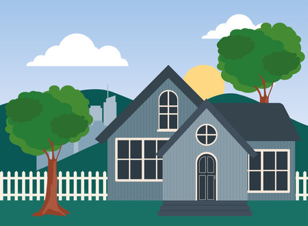 blue house at landscape design, Home real estate and building theme Vector illustrationのイラスト素材