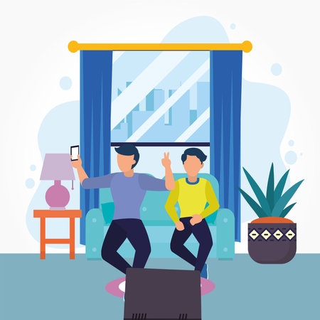 men on couch taking selfie and watching tv in home room design of Activity leisure and daily routine theme Vector illustrationのイラスト素材