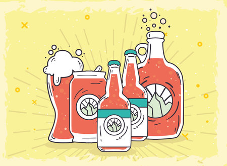 Beer bottles glass and can design, Pub alcohol and bar theme Vector illustrationのイラスト素材