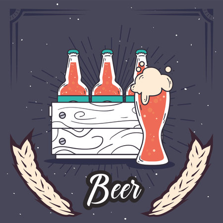 Beer bottles box and glass design, Pub alcohol and bar theme Vector illustrationのイラスト素材