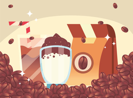 coffee bag and glasses with beans design of drink caffeine breakfast and beverage theme Vector illustrationのイラスト素材