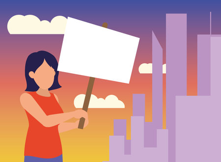 Protest woman with banner at city design, Manifestation activist and demonstration theme Vector illustrationのイラスト素材