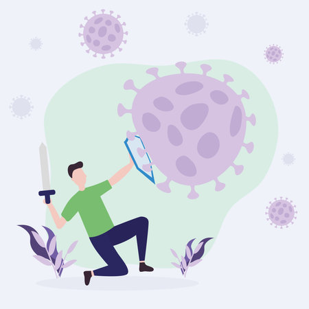 covid 19 virus fight and man with shield and sword fighting design of 2019 ncov cov and coronavirus theme Vector illustrationのイラスト素材