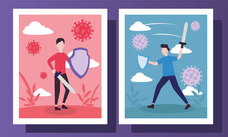 covid 19 virus fight and men in frames labels design of 2019 ncov cov and coronavirus theme Vector illustrationのイラスト素材