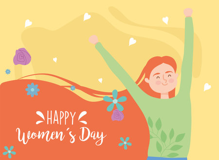 Happy womens day brown red girl cartoon with hands up design of Woman empowerment theme Vector illustrationのイラスト素材