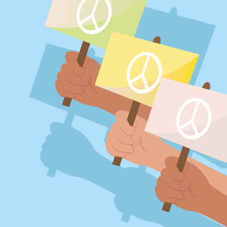 Protest hands holdings love and peace banners design, Manifestation activist and demonstration theme Vector illustrationのイラスト素材