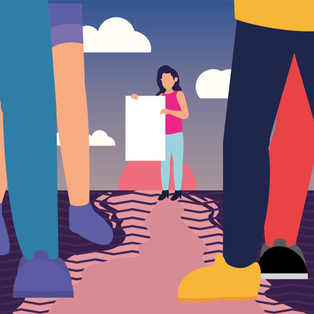 Protest woman with banner and people legs design, Manifestation activist and demonstration theme Vector illustrationのイラスト素材