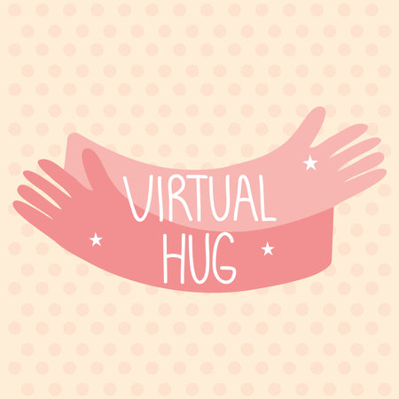 virtual hug lettering design with pink arms shapes over dotted background, colorful design, vector illustrationのイラスト素材