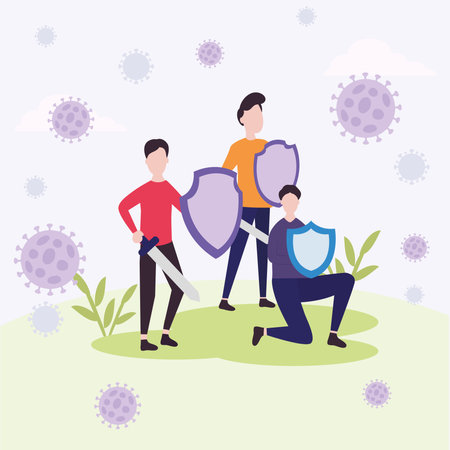covid 19 virus fight and men with shields and swords outside design of 2019 ncov cov and coronavirus theme Vector illustrationのイラスト素材