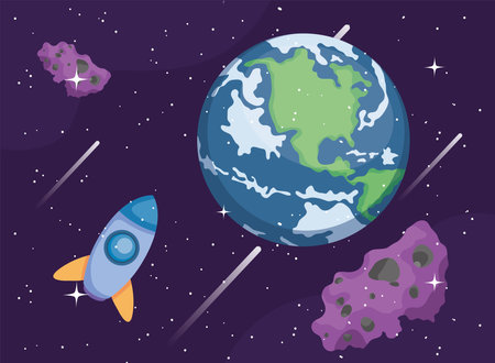Space earth world rocket and asteroids of universe cosmos and futuristic theme Vector illustrationのイラスト素材