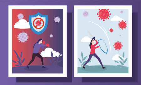 covid 19 virus fight and women in frames labels design of 2019 ncov cov and coronavirus theme Vector illustrationのイラスト素材