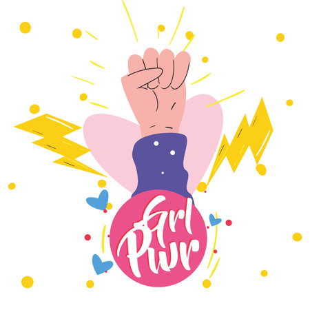 Girl power fist hand up on heart with thunders design of Woman empowerment female feminism and rights theme Vector illustrationのイラスト素材