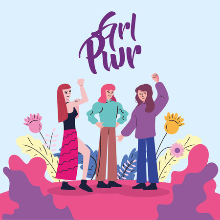Girl power women cartoons with flowers and leaves design of empowerment female feminism and rights theme Vector illustrationのイラスト素材