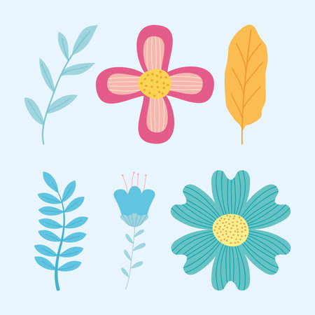 icon set of leaves and flowers over blue background, colorful design, vector illustrationのイラスト素材