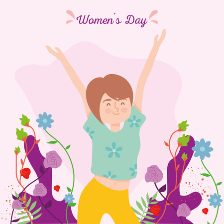 Womens day girl cartoon with hands up and flowers design of Woman empowerment theme Vector illustrationのイラスト素材