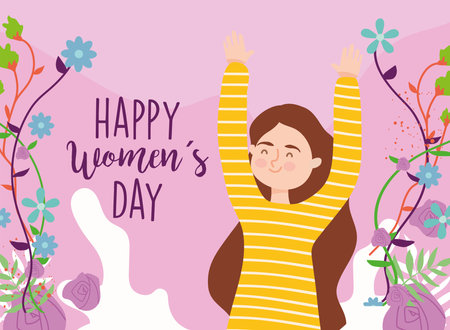 Happy womens day girl cartoon with hands up and flowers design of Woman empowerment theme Vector illustrationのイラスト素材