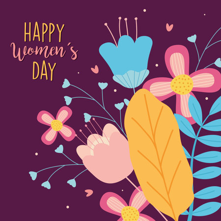 international womens day design with beautiful leaves and flowers over purple background, colorful design, vector illustrationのイラスト素材