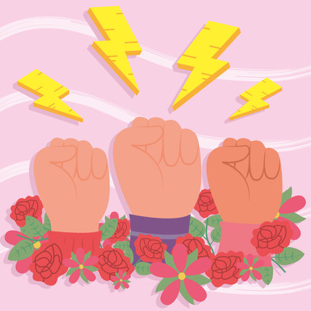 Girl power fists up flowers and thunders design of woman empowerment female feminism and rights theme Vector illustrationのイラスト素材