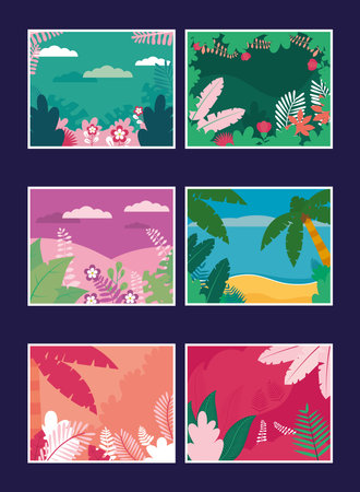 colorful landscapes backgrounds set, vector illustrationのイラスト素材