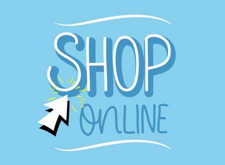 Shop online with cursor design of covid 19 virus lettering message theme Vector illustrationのイラスト素材