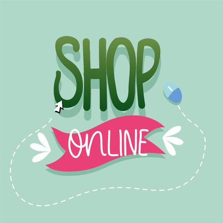 Shop online with cursor and mouse design of covid 19 virus lettering message theme Vector illustrationのイラスト素材