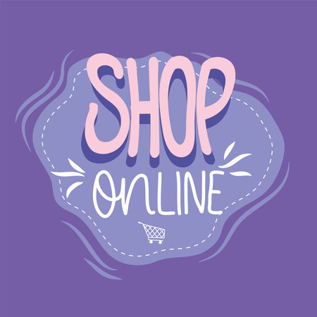 Shop online with cart design of covid 19 virus lettering message theme Vector illustrationのイラスト素材