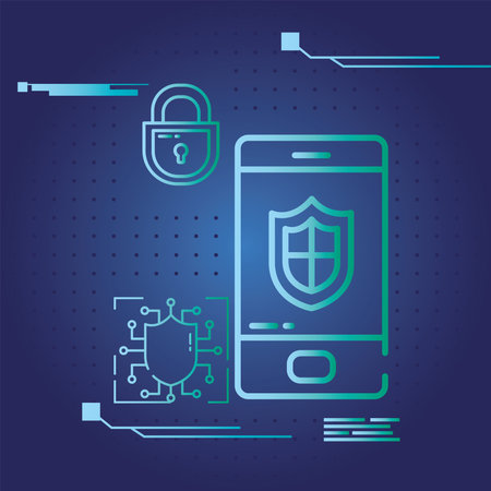 Cyber lock smartphone with shield and padlock design of Security password technology and protection...