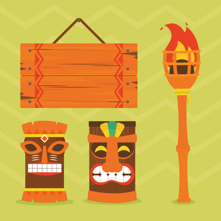 tiki masks and related icons over green background, colorful design, vector illustrationのイラスト素材