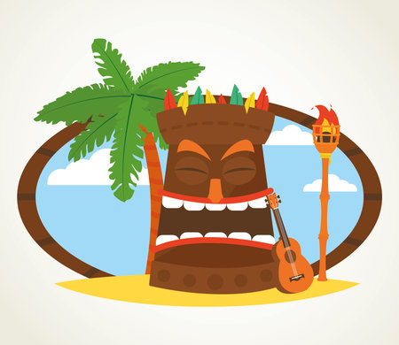 hawaiian design with tiki masks, palm and guitar over white background, colorful design, vector illustrationのイラスト素材