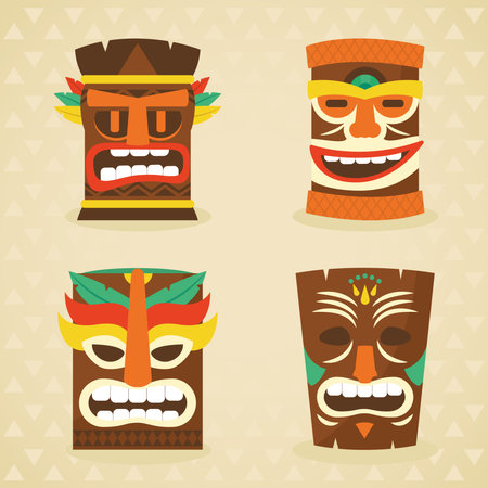tiki mask icon set over yellow background, colorful design, vector illustrationのイラスト素材