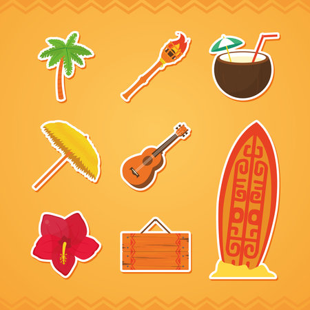 hawaiian and beach icon set over orange background, colorful design, vector illustrationのイラスト素材