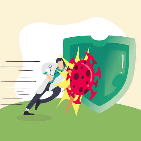 covid 19 virus and doctor man with stethoscope and shield design of 2019 ncov cov and coronavirus theme Vector illustrationのイラスト素材