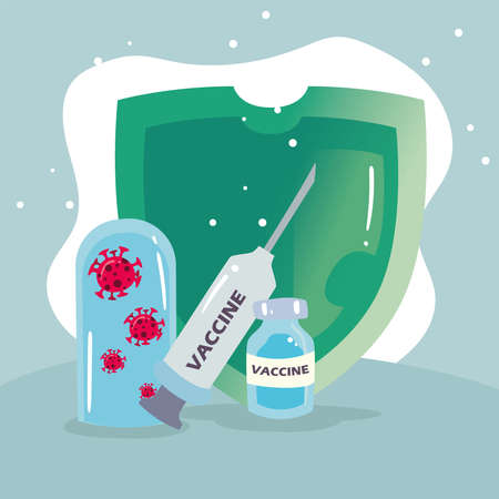 covid 19 virus vaccine jar injection and shield design of 2019 ncov cov and coronavirus theme Vector illustrationのイラスト素材