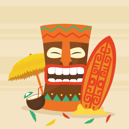 Tiki cartoon surfboard umbrella and coconut cocktail design of Hawaiian tropical summer and exotic theme Vector illustrationのイラスト素材