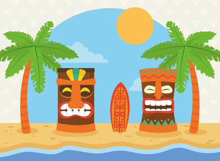 Tiki cartoons surfboard and palm trees at beach design of Hawaiian tropical summer and exotic theme Vector illustrationのイラスト素材