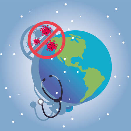 covid 19 virus vaccine ban stethoscope and world design of 2019 ncov cov and coronavirus theme Vector illustrationのイラスト素材