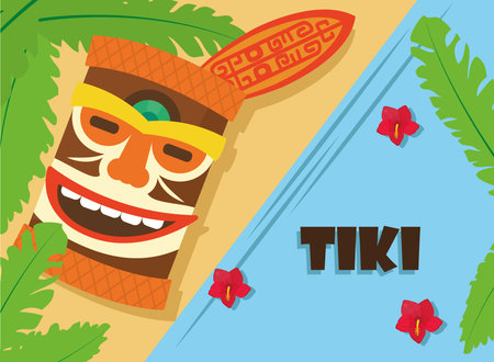 Tiki with surfboard leaves and flowers design of Hawaiian tropical summer and exotic theme Vector illustrationのイラスト素材