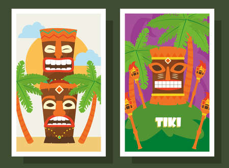 Tiki cartoons with palm trees labels design of Hawaiian tropical summer and exotic theme Vector illustrationのイラスト素材