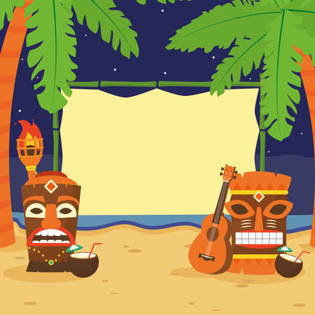 Tiki cartoons at beach design of Hawaiian tropical summer and exotic theme Vector illustrationのイラスト素材