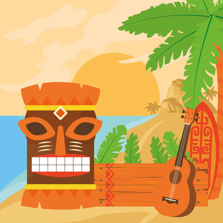 Tiki cartoon wood banner and guitar at beach design of Hawaiian tropical summer and exotic theme Vector illustrationのイラスト素材