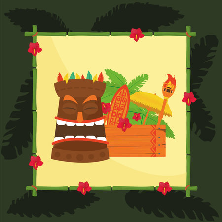 Tiki cartoon with wood banner and torch in frame design of Hawaiian tropical summer and exotic theme Vector illustrationのイラスト素材