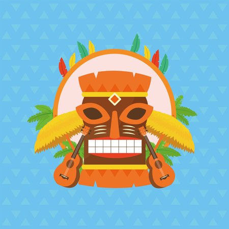 Tiki cartoon with umbrellas and guitars design of Hawaiian tropical summer and exotic theme Vector illustrationのイラスト素材