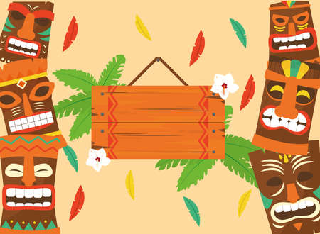 Tiki cartoons frame and wood banner with leaves design of Hawaiian tropical summer and exotic theme Vector illustrationのイラスト素材