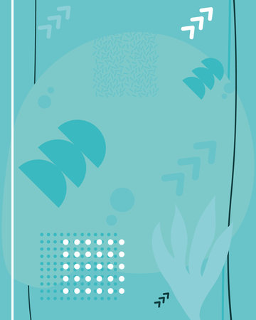 turquoise background with abstract shapes and leaves, colorful design, vector illustration